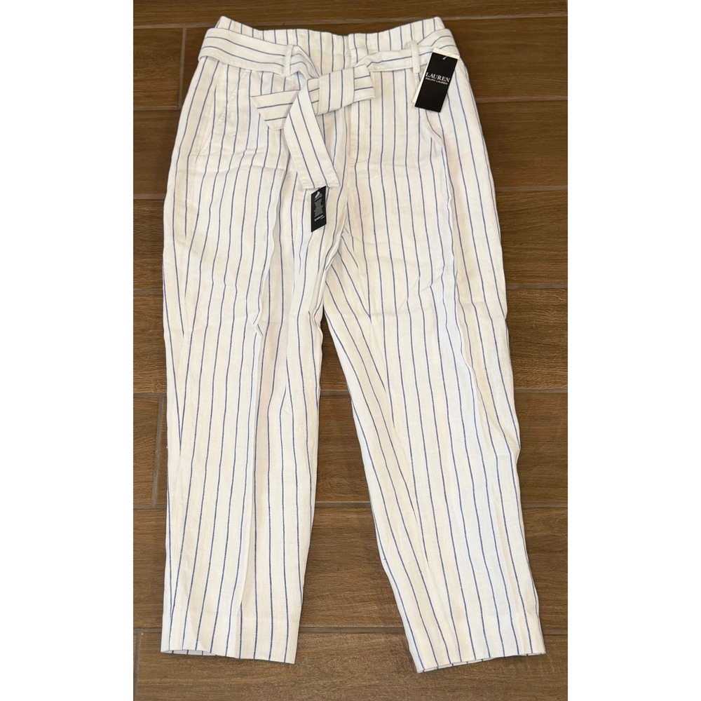 Lauren Ralph Lauren Striped Linen Blend Belted Pants White Blue Size 2 NEW